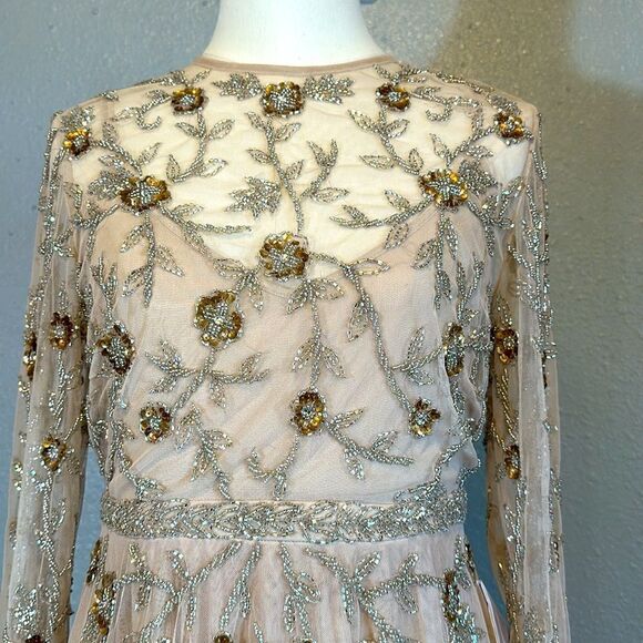 NEW Mac Duggal 10799 beaded illusion high neck long sleeve A-line gown size 6 - Picture 6 of 14